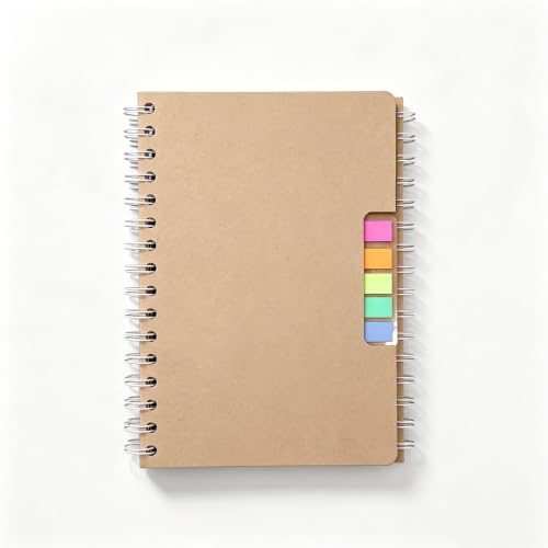 Kraft Spiral Notebook with Color Index Tabs, College Ruled Lined Journal, A5 Hardcover Notebook with Sticky Page Markers, Office School Meeting Notebook for Notes Planning & Organizing