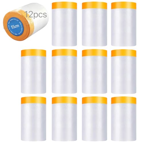 Kronabelle 12 Rolls Tape and Drape, 21.7 in x 65.6 ft / 55 cm x 20 m Pre Taped Film with Painter's Tape, Auto Painting Covering, Plastic Dust Sheets for Furniture, Painting, Renovation