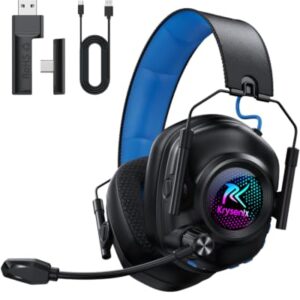 Krysenix Wireless Gaming Headset with Noise Canceling Microphone for PC, PS5, PS4, Switch, Mac, 2.4 GHz Wireless & Bluetooth 5.4 Gaming Headphones, Cool RGB Lighting, 50Hr Battery, 50mm Drivers(Blue)