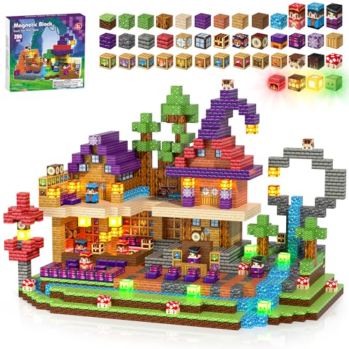 Kryzomat 200PCS Magnetic Blocks with Light-Up Blocks - Magnetic Blocks for Kids Ages 3-12, Magic's House Magnetic Building Cubes, STEM Learning Toy Birthday Gifts for Boys Girls
