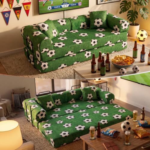KSTNLUXQ 79" World Cup Soccer Sofa Bed, Green Soccer Ball Overlord Velvet Convertible Couch, Foldable Sleeper Futon Floor Sofa for Game Day Watch Parties, Removable Machine-Washable Cover, 2 Pillows