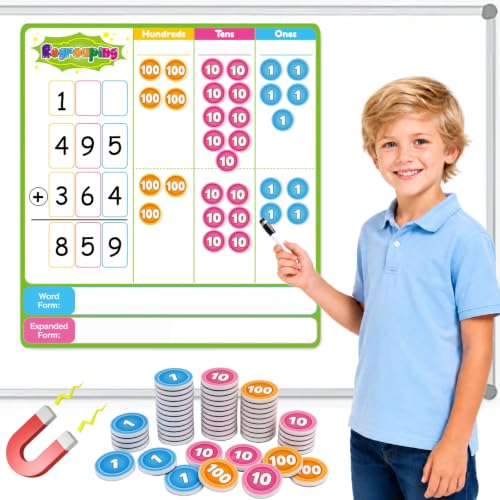 Laffunz Magnetic Place Value Manipulatives Chart Regrouping Base Ten Blocks, Addition and Subtraction Math Games for Kids, Math Manipulatives 1st 2nd 3rd Grade Teacher Classroom Must Haves for Wall