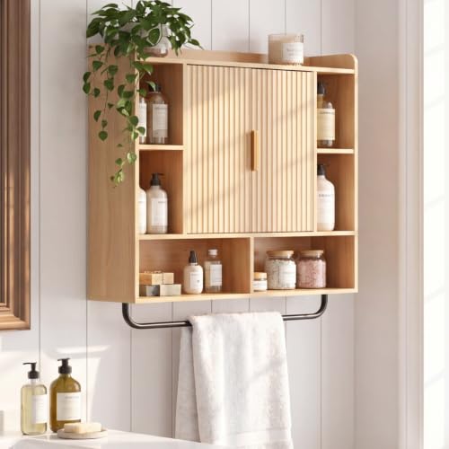 Lahomie Wall Bathroom Storage Cabinet, Fluted Medicine Cabinet with Doors & Adjustable Shelf, Over the Toilet Storage Cabinet for Laundry Room, Kitchen and Entryway(31.5" W, Natural Wood)