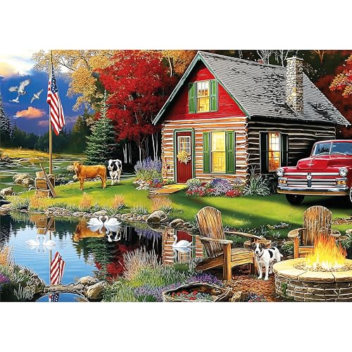 Lakeside Cabin Puzzles 1000 Pieces for Adults, Lake Landscape Camping fire Colorful Forest Adults Puzzles,Perfectly Letter on Back No Dust, Challenging Matte Finish 1000 Puzzle Adults Night Games