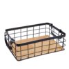 LALAFINA Rectangular Black Indoor Storage Basket with Handle, Iron Wire Frame and Wooden Base, Multi-function Household Basket for Sorting and Storing Snacks in Kitchen or Pantry