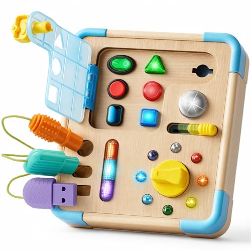lalalark Busy Board with 15 LED Light – Montessori Learning Toddler Toy with 9 Sounds, 5 Switches & Plugs, Travel Toys Sensory Activity Board for 1 2 3 Years Old Boy & Girl Birthday Gift