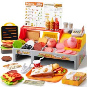 lalalark Toss 'n Toast Sandwich Restaurant Playset for Kids, 40+ Pieces Pretend Food with Interactive Magic Slicer & Panini Press, Role Play Toys for Boys Girls 3+ Years Old Birthday Gifts