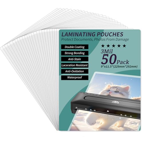 Laminating Sheets - 3Mil 50 Pack Thermal Laminating Pouches, 9"x11.5" Clear Laminate Sheets for Schedules, Menus, Certificates, Art Drawings, Round Corner