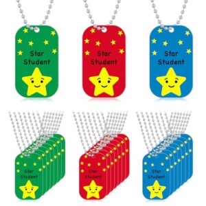 Landical 48 Pcs Student Incentives Metal Star Student Dog Tag with Chains Recognition Tag Necklaces Education Awards Prizes Bulk for School Classroom Reward Teacher Supplies