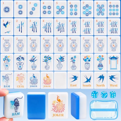 Langfang 166 American Mahjong Tile Set, 1.2" Travel Size Mini Blue 3D Engraved Melamine Chinoiserie Mahjong Tiles with PVC Storage Bag & Dice, Portable Family Game Night Gift for Mahjong Lovers
