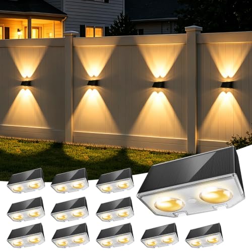 LANSOW Solar Fence Lights Outdoor 12 Pack, Fence Lights Solar Powered Waterproof, 10-Mode Warm/Cool/Neutral White & RGB, Up-Down Led Wall Lights Dusk to Dawn Decor for Yard, Deck, Patio, Pool, Railing