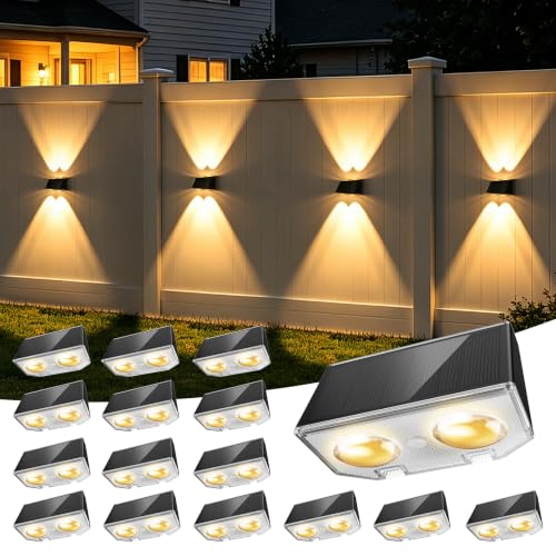 LANSOW Solar Fence Lights Outdoor 16 Pack, Fence Lights Solar Powered Waterproof, 10-Mode Warm/Cool/Neutral White & RGB, Up-Down Led Wall Lights Dusk to Dawn Decor for Yard, Deck, Patio, Pool, Railing