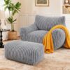 LaoGeoRon Giant Bean Bag Chairs for Adults, Large Plush Bean Bag Chair with Armrests & Ottoman, Living Room Beanbag Chair with Memory Foam Filled, Vacuum-Compressed for Easy Gifting, Grey