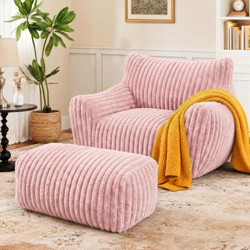 LaoGeoRon Giant Bean Bag Chairs for Adults, Large Plush Bean Bag Chair with Armrests & Ottoman, Living Room Beanbag Chair with Memory Foam Filled, Vacuum-Compressed for Easy Gifting, Pink