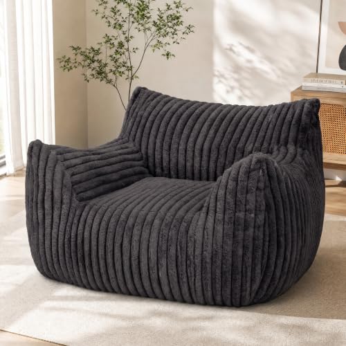 LaoGeoRon Giant Bean Bag Chairs for Adults, Large Plush Bean Bag Chair with Armrests and Side-Pocket, Living Room Beanbag Chair with Memory Foam Filled, Vacuum-Compressed for Easy Gifting, Black