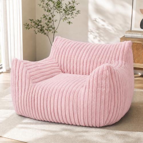 LaoGeoRon Giant Bean Bag Chairs for Adults, Large Plush Bean Bag Chair with Armrests and Side-Pocket, Living Room Beanbag Chair with Memory Foam Filled, Vacuum-Compressed for Easy Gifting, Pink