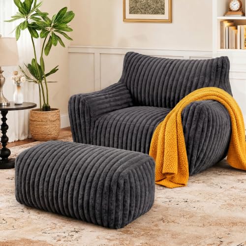 LaoGeoRon Giant Bean Bag Chairs for Adults, Large Plush Bean Bag Chair with Armrests & Ottoman, Living Room Beanbag Chair with Memory Foam Filled, Vacuum-Compressed for Easy Gifting, Black