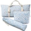 LaRandom 3 Pcs Empty Mahjong Bag Set, Thickened Floral Quilted Carrying Mahjong Bag Set with Mat Storage Buckle, Tile Bags and Racks and Card Pusher Drawstring Bags (Blue)