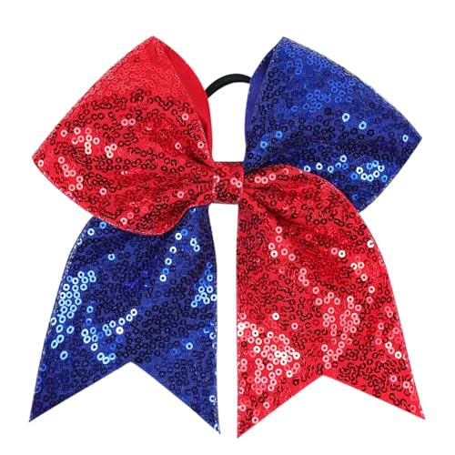 Large Big 7 Inch Cheer Bow, 4th of July Sequin Bow Elastic Hair Tie, Glitter Hair Bow Scrunchies, Ponytail Hair Accessories Independence Day Gift for Teen Girls Women (Red+Royal Blue)