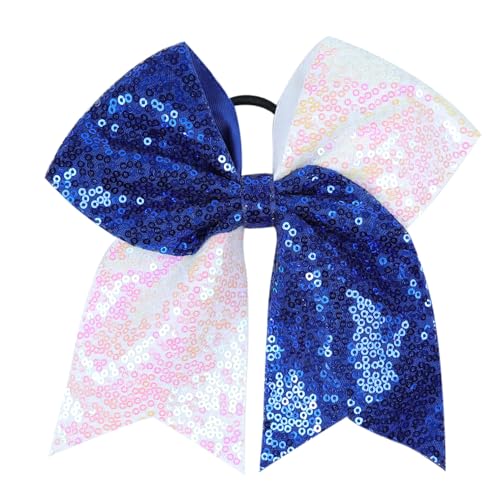 Large Big 7 Inch Cheer Bow, 4th of July Sequin Bow Elastic Hair Tie, Glitter Hair Bow Scrunchies, Ponytail Hair Accessories Independence Day Gift for Teen Girls Women (Royal Blue+White)