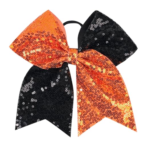 Large Big 7 Inch Sequin Bow, Cheer Bow Elastic Hair Tie, Glitter Hair Bow Ribbon Scrunchies, Ponytail Holders Halloween Hair Accessories Gift for Teen Girls Women (Orange+Black)