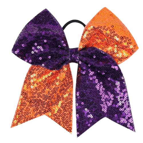Large Big 7 Inch Sequin Bow, Cheer Bow Elastic Hair Tie, Glitter Hair Bow Ribbon Scrunchies, Ponytail Holders Halloween Hair Accessories Gift for Teen Girls Women (Deep Purple+Orange)