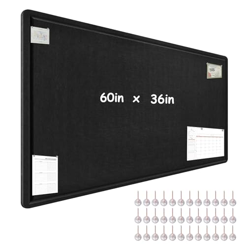 Large Bulletin Board - 60 x 36 Inches, Foldable Decorative Felt Board for Wall Photo Display Board with Self-Adhesive Tape, Includes 36 Push Pins - Black
