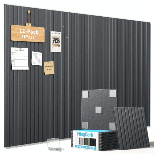 Large Cork Board for Walls 10-Pack Bulletin Board with 50 Safe Removable Adhesive Tabs, 60" x 24" Corkboard Tiles for Photos, Fine-Stripe Push Pin Boards Felt Boards for Office Home Classroom-Black