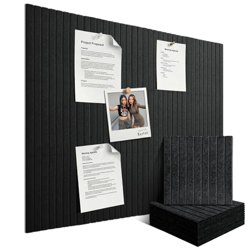 Large Felt Bulletin Board for Wall, 12-Pack 48" x 36" Black Grooved Felt Board with Adhesive Backing, Cork Alternative Memo Pin Board, Acoustic Fabric Tiles for Home Office, Classroom & Wall Decor