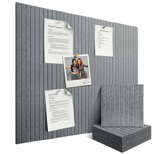 Large Felt Bulletin Board for Wall, 12-Pack 48" x 36" Grey Grooved Felt Board with Adhesive Backing, Cork Alternative Memo Pin Board, Acoustic Fabric Tiles for Home Office, Classroom & Wall Decor