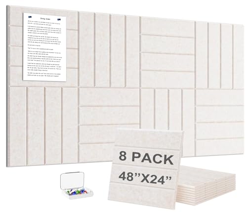 Large Felt Bulletin Board Wall Tiles,8-Pack Black Flat Felt Pin Board with 30 Pushpins and 56 Safe Removable Adhesive Tabs(Flat Oatmeal)