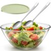 Large Glass Mixing Bowl with Lid, Clear 4.8 Quart Borosilicate Glass Salad Serving Bowl with Stainless Steel Spoon and Fork, 10.6 x 4.7 inch, Dishwasher Safe for Prepping, Baking, Cooking