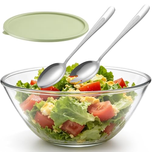 Large Glass Mixing Bowl with Lid, Clear 4.8 Quart Borosilicate Glass Salad Serving Bowl with Stainless Steel Spoon and Fork, 10.6 x 4.7 inch, Dishwasher Safe for Prepping, Baking, Cooking