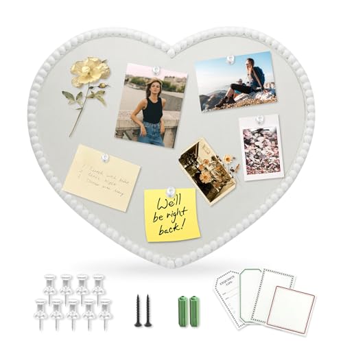 Large Heart-Shaped Linen Cork Bulletin Board with White Wood Frame, 24x19 Inch Decorative Memo & Photo Pin Board, Cute Vision Board for Home Office, Bedroom or Valentines Day Gifts Wall Decor