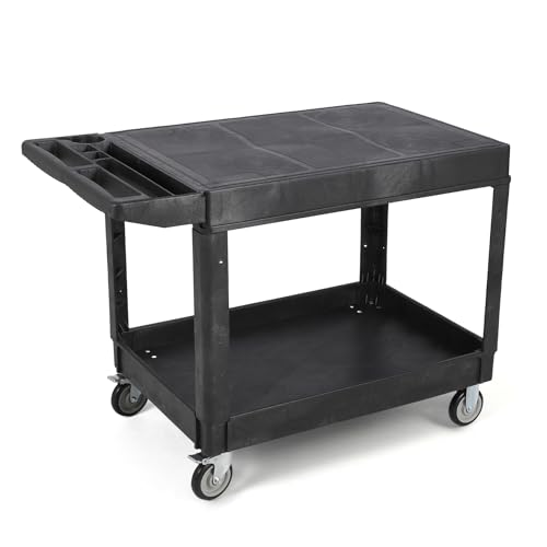 Large Heavy Duty Plastic Utility Service Cart Flat top 45.8 x 25 Inch, Work Cart Flat Shelves Holds up to 550 lbs - 2 Tier Service Cart with 360°Swivel Wheels (2 with Brakes) Black
