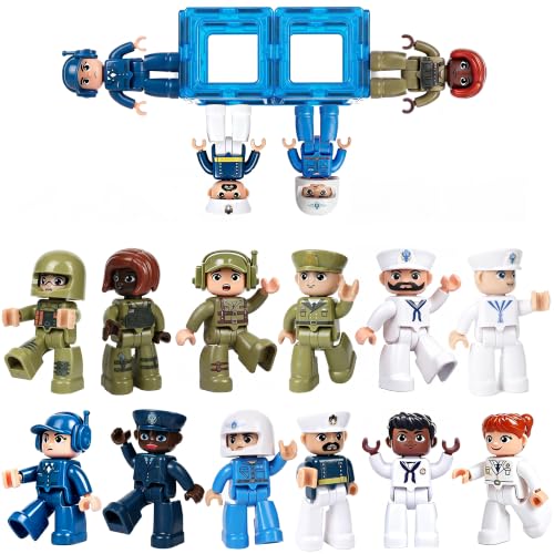Large Magnetic People Figures for Kids, 3 Inches Magnetic Tiles People Compatible with Lego, 12 Pieces Magnet Men for Kids Ages 3 4 5 6+, STEM Learning Toys Magnet Tiles Expansion (Military Theme)
