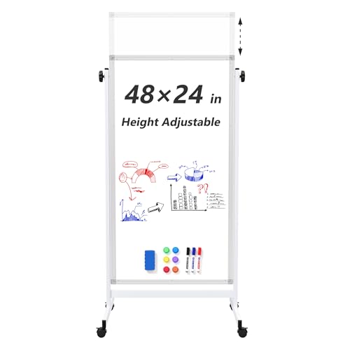 Large Rolling Whiteboard on Wheels, 48" x 24" Height Adjustable Mobile White Board with Stand, 4' x 2' Portable Standing Magnetic Dry Erase Board Easel for Home Office Classroom School, Silver