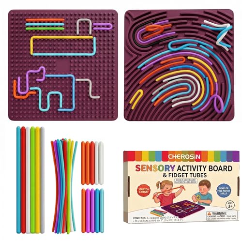 Large Sensory Activity Board, Silicone Fidget Toy for Autism, ADHD & Stress Relief, Double-Sided Quiet Montessori Fine Motor Skills Toy Gift for 3+ Kids, Adults with 36 Strips Portable Bag (Berry)