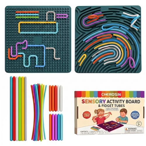 Large Sensory Activity Board, Silicone Fidget Toy for Autism, ADHD & Stress Relief, Double-Sided Quiet Montessori Fine Motor Skills Toy Gift for 3+ Kids, Adults with 36 Strips Portable Bag (Green)
