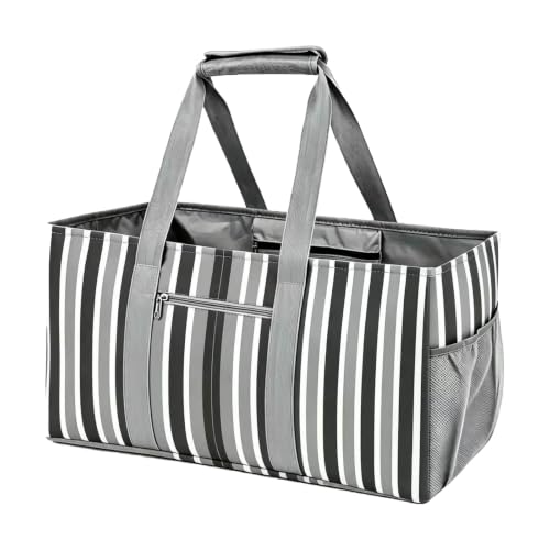 Large Utility Tote Bag - Reusable Grocery Bags Foldable, Stripe Design, 50LBS Heavy Duty Oxford with 4 Pockets & Reinforced Handles, Water-Resistant Collapsible Tote for Groceries, Beach, Car Storage