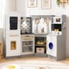 Large Wooden Corner Play Kitchen Sets with Ice Maker,Water Dispenser,Bread Maker,Washing Machine,Electronic Display,Toy Sink with Running Water,Stove with Light&Sounds, Birthday Gift for 3+