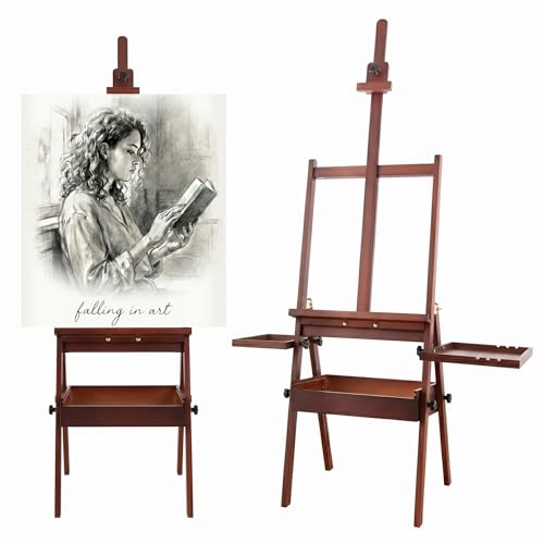 Large Wooden Painting Easel with Storage Drawer and Palettes, H-Frame Studio Easel Stand Holds Canvas up to 36 Inches, Suitable for Adults, Beginners, and Artists, Walnut