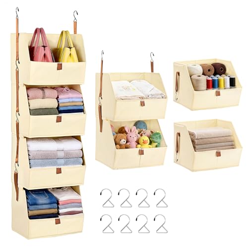 LASTORA 4-Tier Modular Sturdy Hanging Closet Organizer, Heavy-Duty Detachable Clothes Hanging Shelves with Reinforced Zippers and 8 Durable Hooks, Hanging Camper Organizer for Bedroom, RV, Nursery