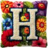 Latch Hook Pillow Kit Letter H and Colorful Flowers Printed Pillow Cover DIY Crochet Yarn Hooking Pillowcase for Hobby and Home Decor 43x43cm