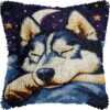 Latch Hook Pillow Kits Husky Dog Sleeping in Bed Needle Crochet Yarn Kits with Pattern Embroidery Cushion Hook and Latch Pillowcase Home Sofa Decor 43x43cm-1
