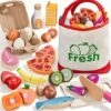 LAUGIGLE Wooden Play Food Sets for Kids Kitchen, Montessori Toy Food with Pizza Toy, Easter Eggs, Pretend Food Play Kitchen Accessories, Cutting Fake Food with Canvas Tote Bag, Birthday Christmas Gift