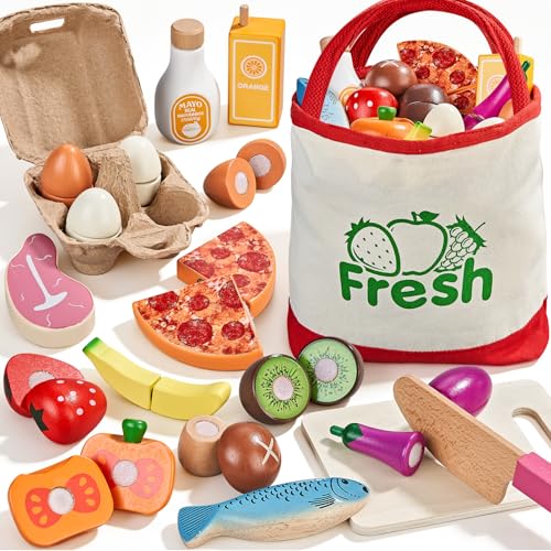LAUGIGLE Wooden Play Food Sets for Kids Kitchen, Montessori Toy Food with Pizza Toy, Easter Eggs, Pretend Food Play Kitchen Accessories, Cutting Fake Food with Canvas Tote Bag, Birthday Christmas Gift