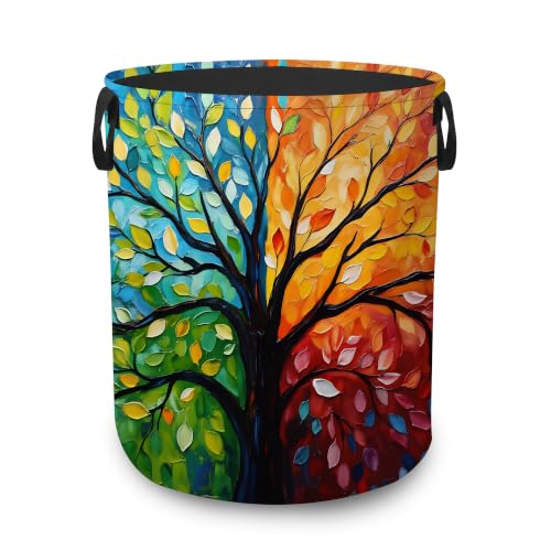Laundry Hamper,Colorful Tree Of Life Collapsible Laundry Basket with Handles,Four Seasons Tree Waterproof Oxford Cloth Clothes Organizer for Bedroom Bathroom Dorm Nursery,16 x 20 Inch