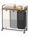 Laundry Hamper with Wheels, Laundry Hamper 3 Section and Laundry Basket, 135L Rolling Laundry Sorter Cart with Bamboo Shelf for Clothes, Towels, Bathroom, Laundry Room