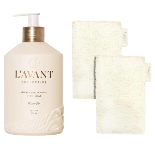 L'AVANT Collective The Ultimate Dish Wash Duo, Natural Luxury Dish Soap 16 Fl Oz with Refillable Glass Pump Bottle & 2 Loofah Dish Sponges for Pots, Pans, Dishes and Kitchen Cleaning, Winter Fir